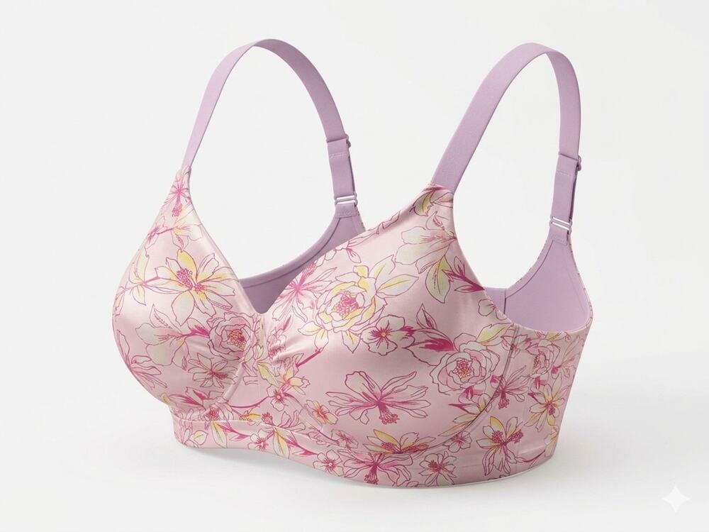 Catherines Women Bra 46DD Pink Floral T-Shirt Wireless Comfort Straps Adjustable